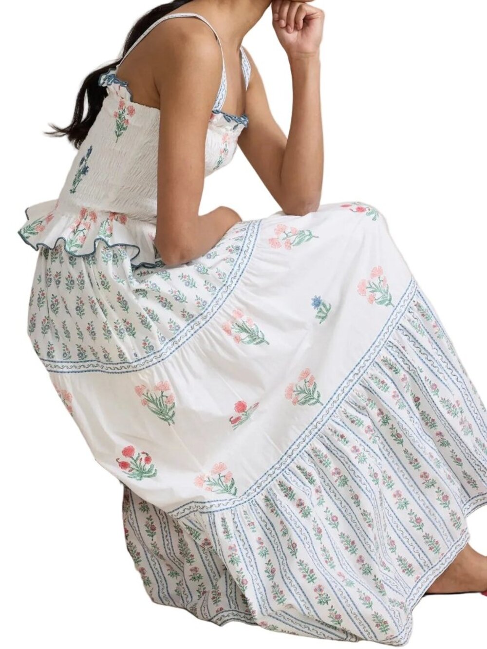 Retro Granny Floral Smock Ruffle Frill Square Neck Tiered Side Pocket Maxi Dress - Picture 8 of 8